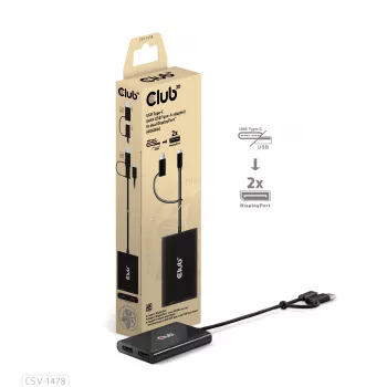 Splitter wideo Club 3D CSV-1478 USB Type-C (z adapterem USB-A) na dwa DisplayPort 4K60Hz, czarny