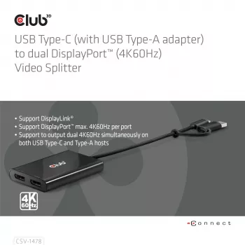 Splitter wideo Club 3D CSV-1478 USB Type-C (z adapterem USB-A) na dwa DisplayPort 4K60Hz, czarny