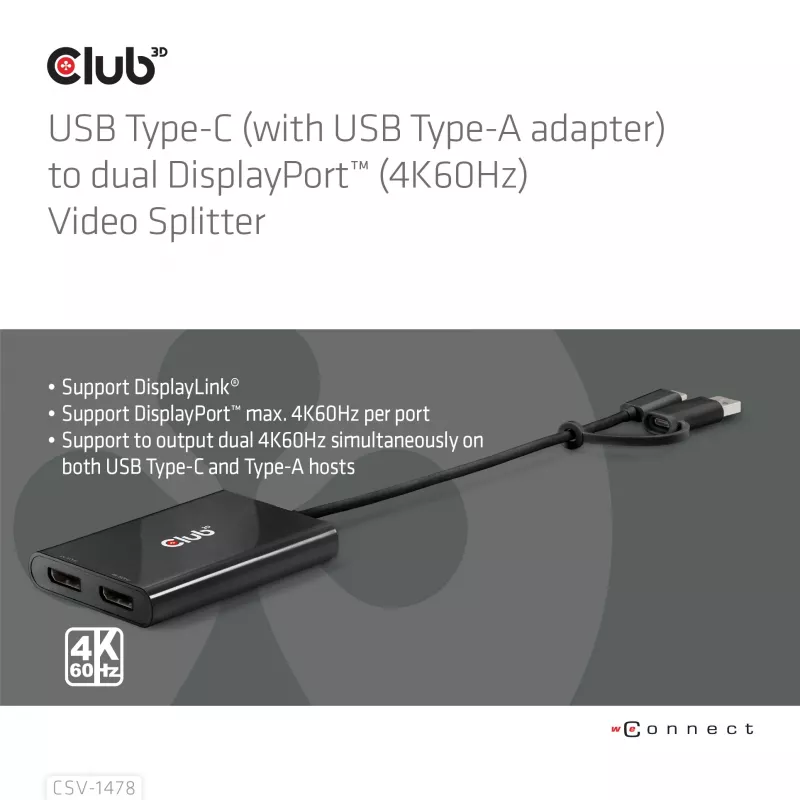 Splitter wideo Club 3D CSV-1478 USB Type-C (z adapterem USB-A) na dwa DisplayPort 4K60Hz, czarny
