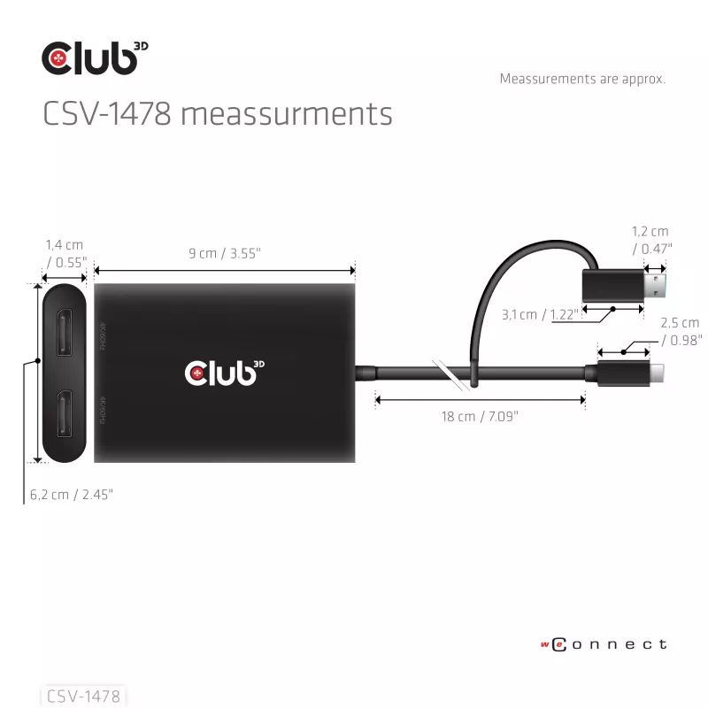 Splitter wideo Club 3D CSV-1478 USB Type-C (z adapterem USB-A) na dwa DisplayPort 4K60Hz, czarny
