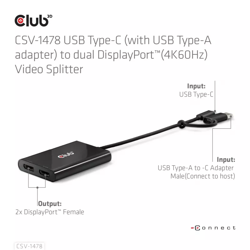 Splitter wideo Club 3D CSV-1478 USB Type-C (z adapterem USB-A) na dwa DisplayPort 4K60Hz, czarny