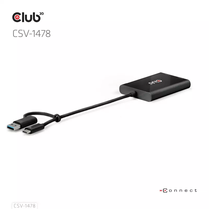 Splitter wideo Club 3D CSV-1478 USB Type-C (z adapterem USB-A) na dwa DisplayPort 4K60Hz, czarny