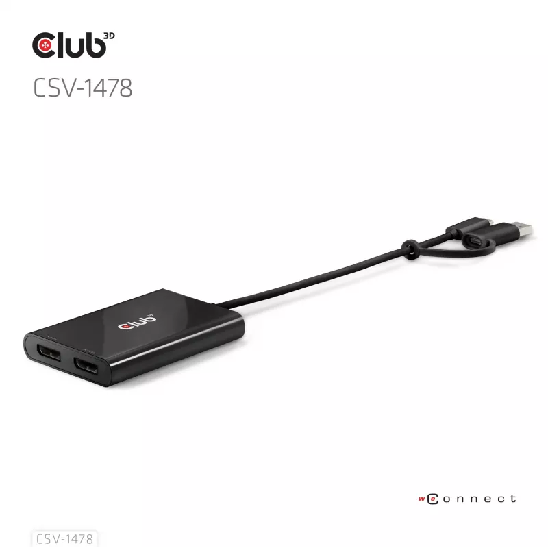 Splitter wideo Club 3D CSV-1478 USB Type-C (z adapterem USB-A) na dwa DisplayPort 4K60Hz, czarny