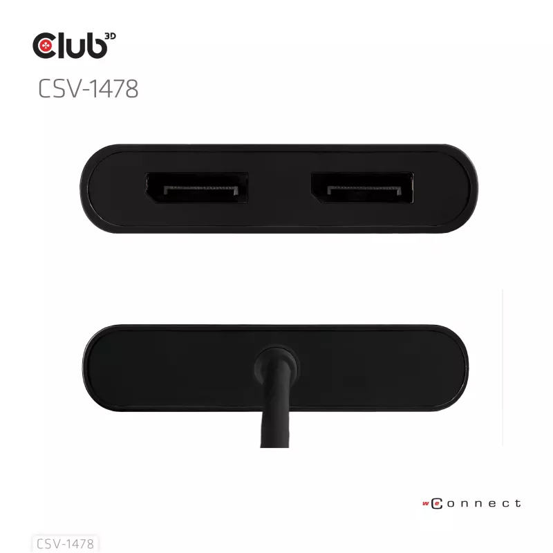 Splitter wideo Club 3D CSV-1478 USB Type-C (z adapterem USB-A) na dwa DisplayPort 4K60Hz, czarny