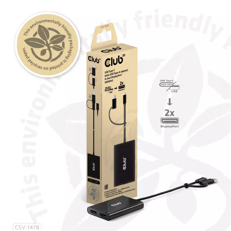 Splitter wideo Club 3D CSV-1478 USB Type-C (z adapterem USB-A) na dwa DisplayPort 4K60Hz, czarny