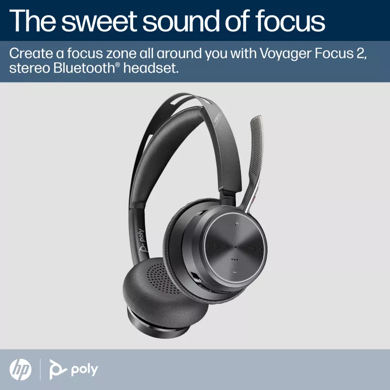 HP Poly Voyager Focus 2 Microsoft Teams Certified USB-C-C Headset +USB-C/A Adapter +Charging Stand