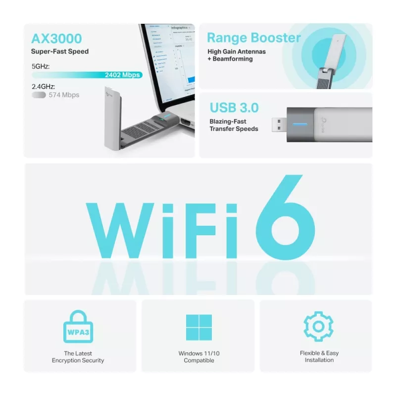 Bezprzewodowy adapter USB TP-Link Archer AX3000 (Archer TX50UH) – dwupasmowe Wi‑Fi 6, USB 3.2 Gen1, do 3000 Mbps, antena wewnętrzna, Windows 11