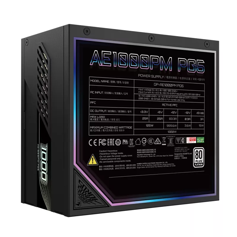 Zasilacz GIGABYTE AORUS ELITE P1000W ICE - PCIe 5.0, 80 PLUS Platinum, w pełni modułowa konstrukcja, wentylator 120 mm, zgodny z ATX 3.0, wtyczka EU