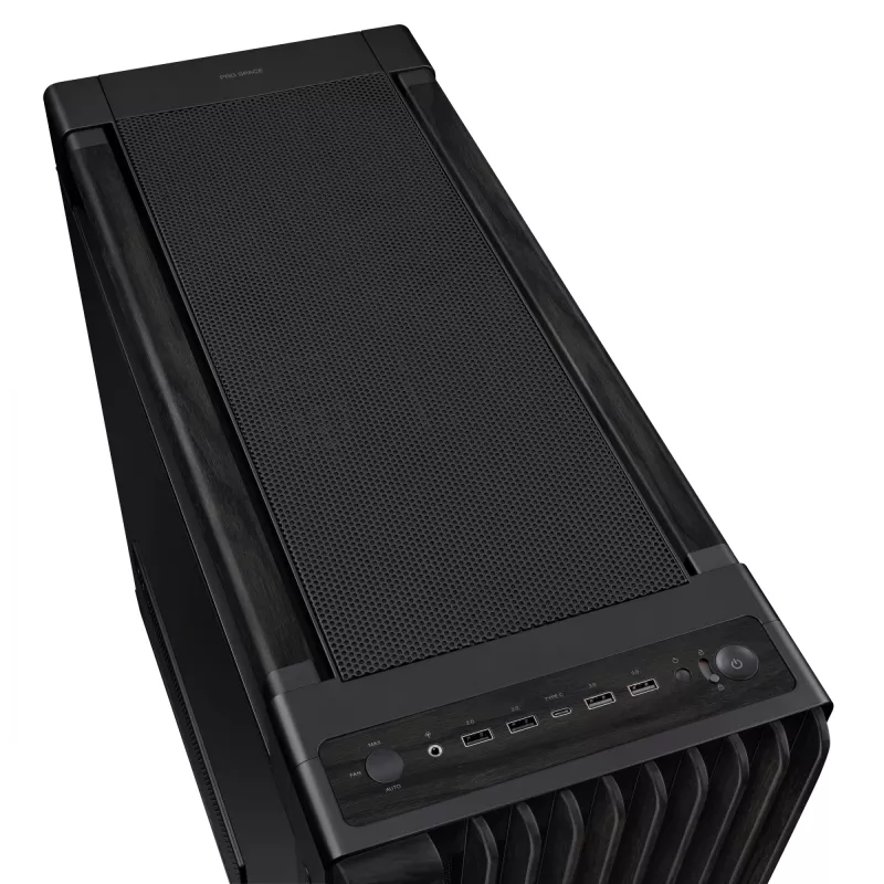 Obudowa PC ASUS ProArt PA602 Wood Edition Midi Tower Czarna — Drewno, obsługa ATX/EATX, Szkło hartowane, 4×3,5 cala / 8×2,5 cala, GPU do 450 mm