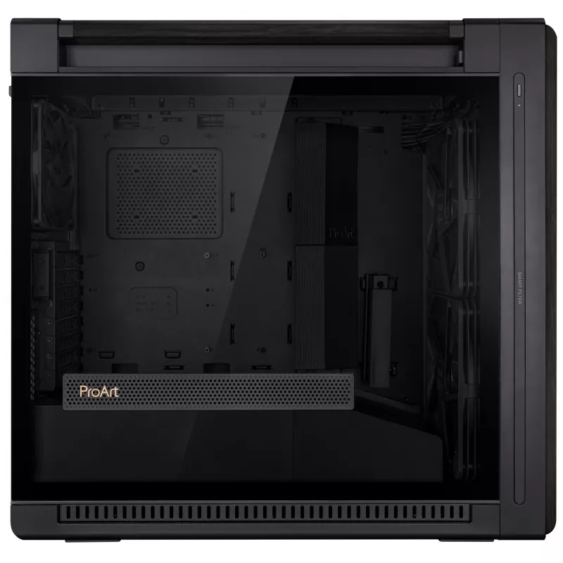 Obudowa PC ASUS ProArt PA602 Wood Edition Midi Tower Czarna — Drewno, obsługa ATX/EATX, Szkło hartowane, 4×3,5 cala / 8×2,5 cala, GPU do 450 mm