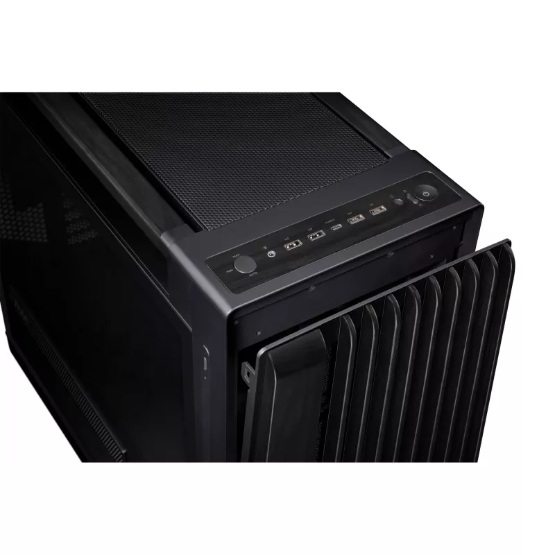 Obudowa PC ASUS ProArt PA602 Wood Edition Midi Tower Czarna — Drewno, obsługa ATX/EATX, Szkło hartowane, 4×3,5 cala / 8×2,5 cala, GPU do 450 mm