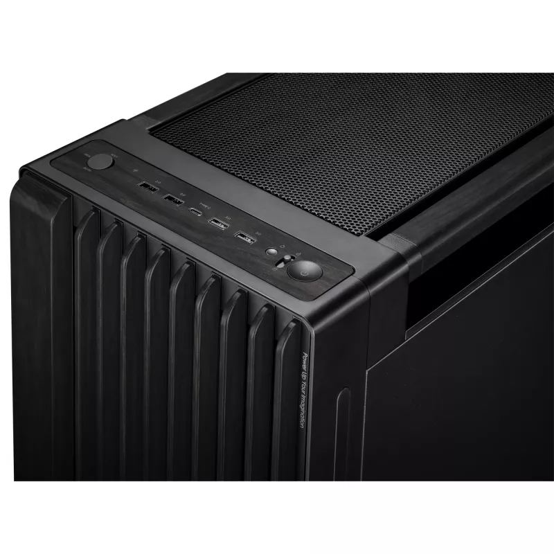 Obudowa PC ASUS ProArt PA602 Wood Edition Midi Tower Czarna — Drewno, obsługa ATX/EATX, Szkło hartowane, 4×3,5 cala / 8×2,5 cala, GPU do 450 mm