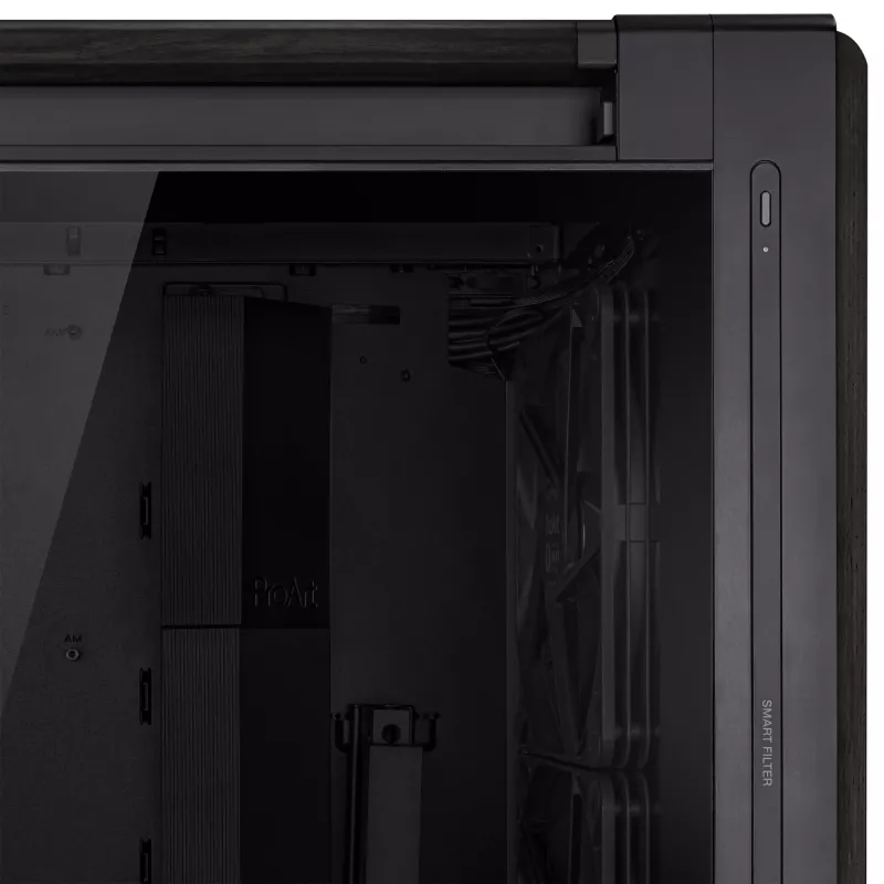 Obudowa PC ASUS ProArt PA602 Wood Edition Midi Tower Czarna — Drewno, obsługa ATX/EATX, Szkło hartowane, 4×3,5 cala / 8×2,5 cala, GPU do 450 mm