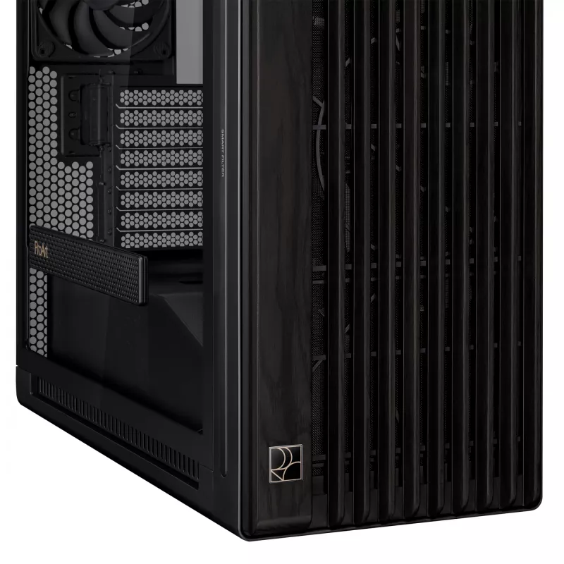 Obudowa PC ASUS ProArt PA602 Wood Edition Midi Tower Czarna — Drewno, obsługa ATX/EATX, Szkło hartowane, 4×3,5 cala / 8×2,5 cala, GPU do 450 mm