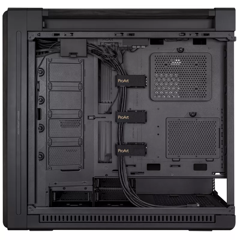 Obudowa PC ASUS ProArt PA602 Wood Edition Midi Tower Czarna — Drewno, obsługa ATX/EATX, Szkło hartowane, 4×3,5 cala / 8×2,5 cala, GPU do 450 mm
