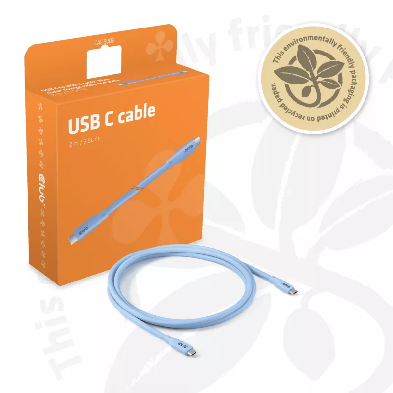 Kabel CLUB3D USB C niebieski, 2 m, USB C, USB C, USB4 Gen 2x2, 20 Gbit/s, niebieski