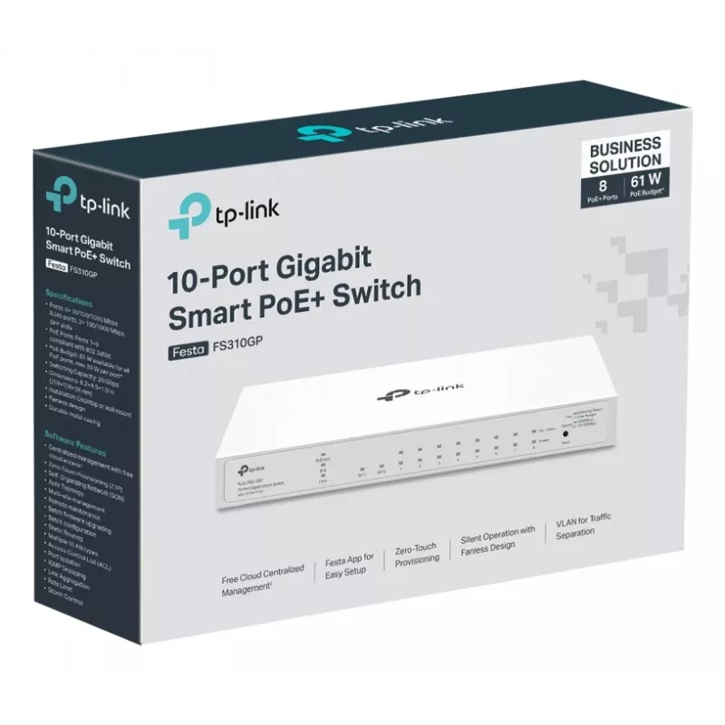 Przełącznik sieciowy TP-Link FESTA FS310GP, zarządzalny L2/L2+, Gigabit Ethernet (10/100/1000), Power over Ethernet (PoE), 1U, biały