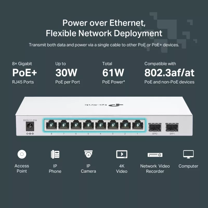 Przełącznik sieciowy TP-Link FESTA FS310GP, zarządzalny L2/L2+, Gigabit Ethernet (10/100/1000), Power over Ethernet (PoE), 1U, biały