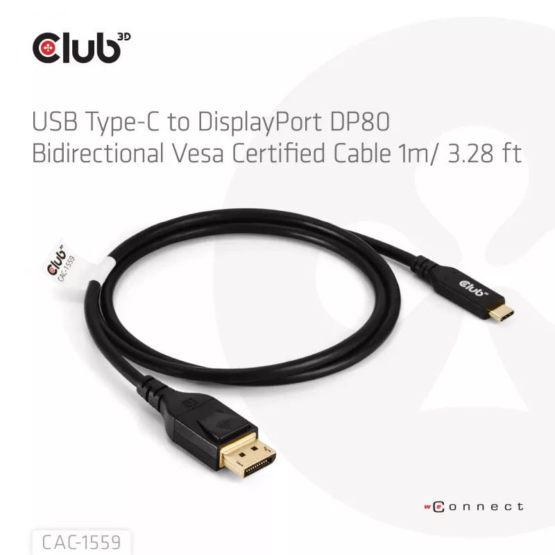 Kabel USB Type-C do DisplayPort 2.1, club 3d CAC-1559, dwukierunkowy, certyfikowany VESA DP80, 1 m