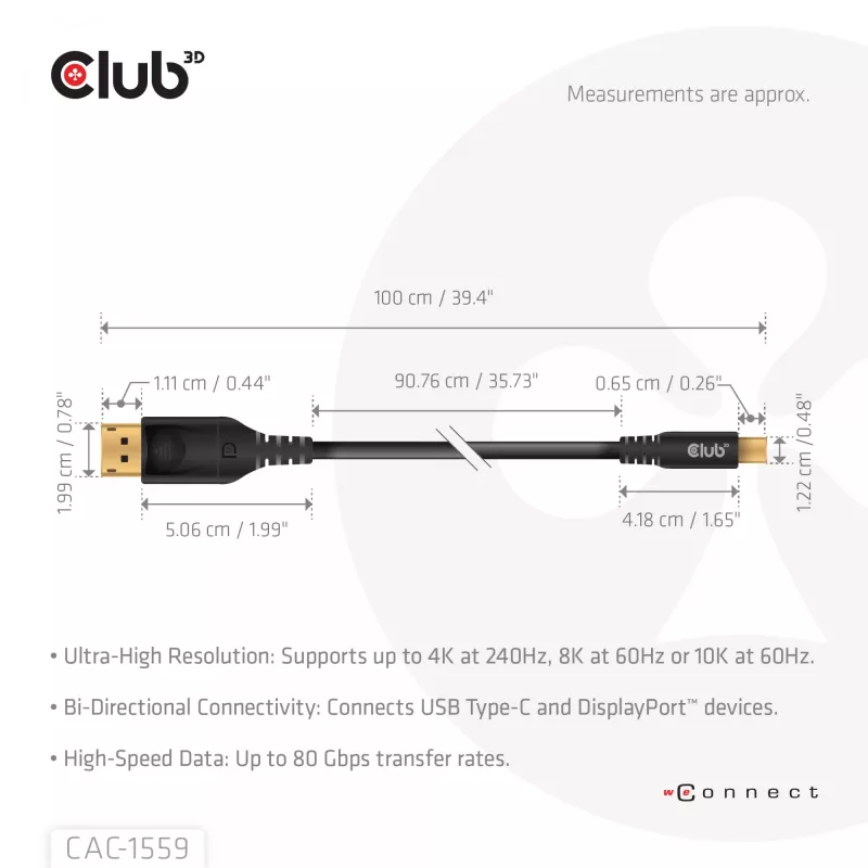 Kabel USB Type-C do DisplayPort 2.1, club 3d CAC-1559, dwukierunkowy, certyfikowany VESA DP80, 1 m