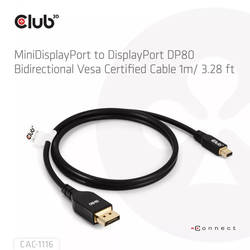Kabel CLUB3D Mini DisplayPort™ do DisplayPort™ Dwukierunkowy VESA DP80 Certyfikowany M/M 1m/3.28ft