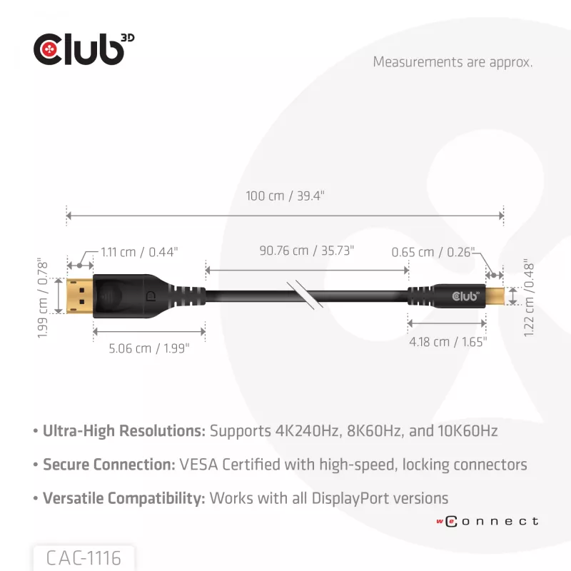 Kabel CLUB3D Mini DisplayPort™ do DisplayPort™ Dwukierunkowy VESA DP80 Certyfikowany M/M 1m/3.28ft