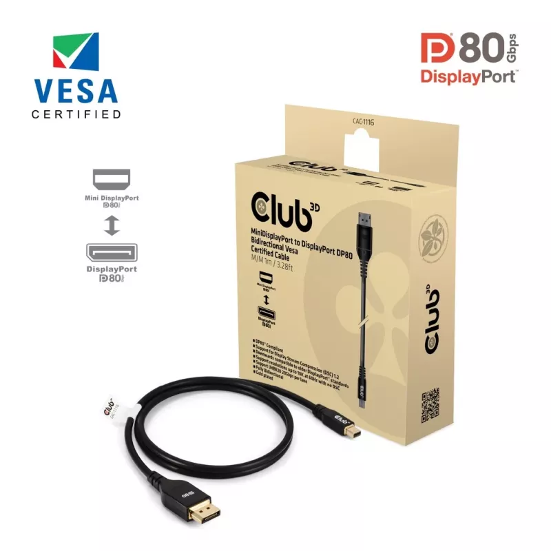 Kabel CLUB3D Mini DisplayPort™ do DisplayPort™ Dwukierunkowy VESA DP80 Certyfikowany M/M 1m/3.28ft