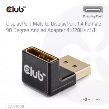 Adapter Club 3D DisplayPort męski na DisplayPort 1.4 żeński 90° kątowy, obsługuje 4K@120Hz