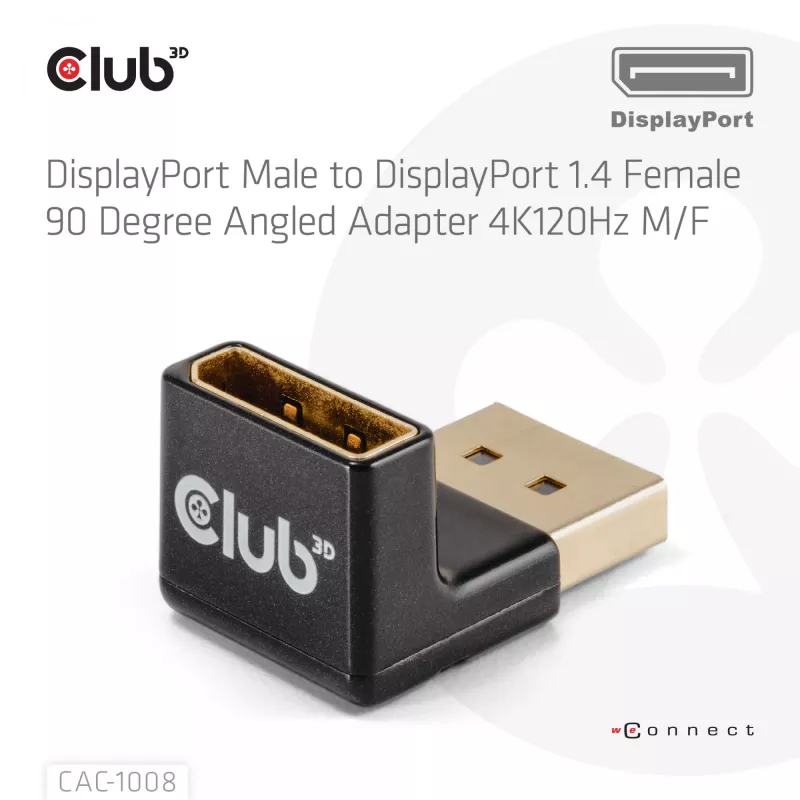 Adapter Club 3D DisplayPort męski na DisplayPort 1.4 żeński 90° kątowy, obsługuje 4K@120Hz