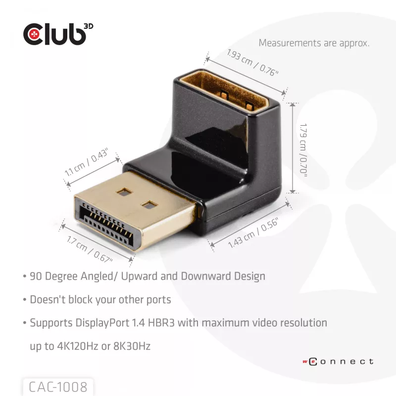 Adapter Club 3D DisplayPort męski na DisplayPort 1.4 żeński 90° kątowy, obsługuje 4K@120Hz