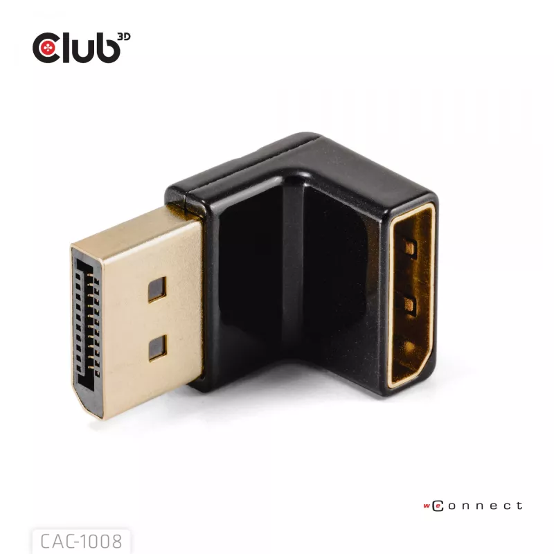 Adapter Club 3D DisplayPort męski na DisplayPort 1.4 żeński 90° kątowy, obsługuje 4K@120Hz