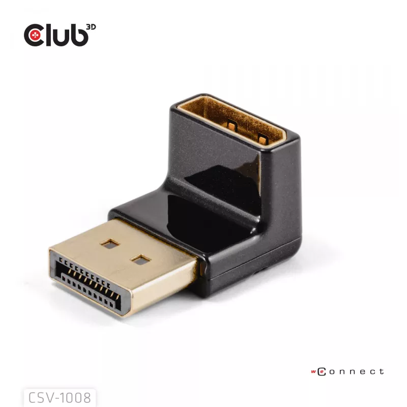 Adapter Club 3D DisplayPort męski na DisplayPort 1.4 żeński 90° kątowy, obsługuje 4K@120Hz