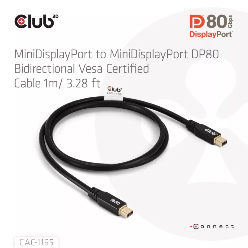 CLUB3D MiniDisplayPort™ na MiniDisplayPort dwukierunkowy kabel VESA DP80 certyfikowany M/M 1m/3,28ft