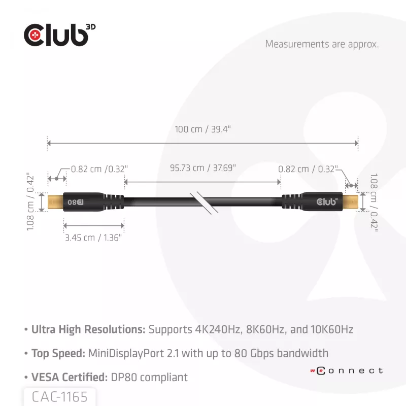 CLUB3D MiniDisplayPort™ na MiniDisplayPort dwukierunkowy kabel VESA DP80 certyfikowany M/M 1m/3,28ft