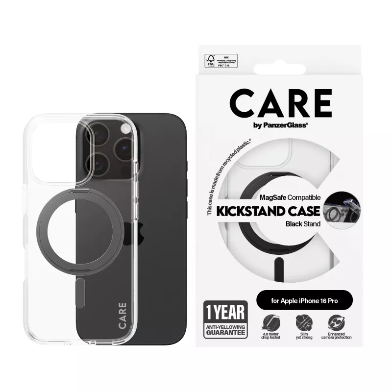 PanzerGlass CARE™ by ® Etui przezroczyste z czarną podstawką i MagSafe iPhone 16 Pro