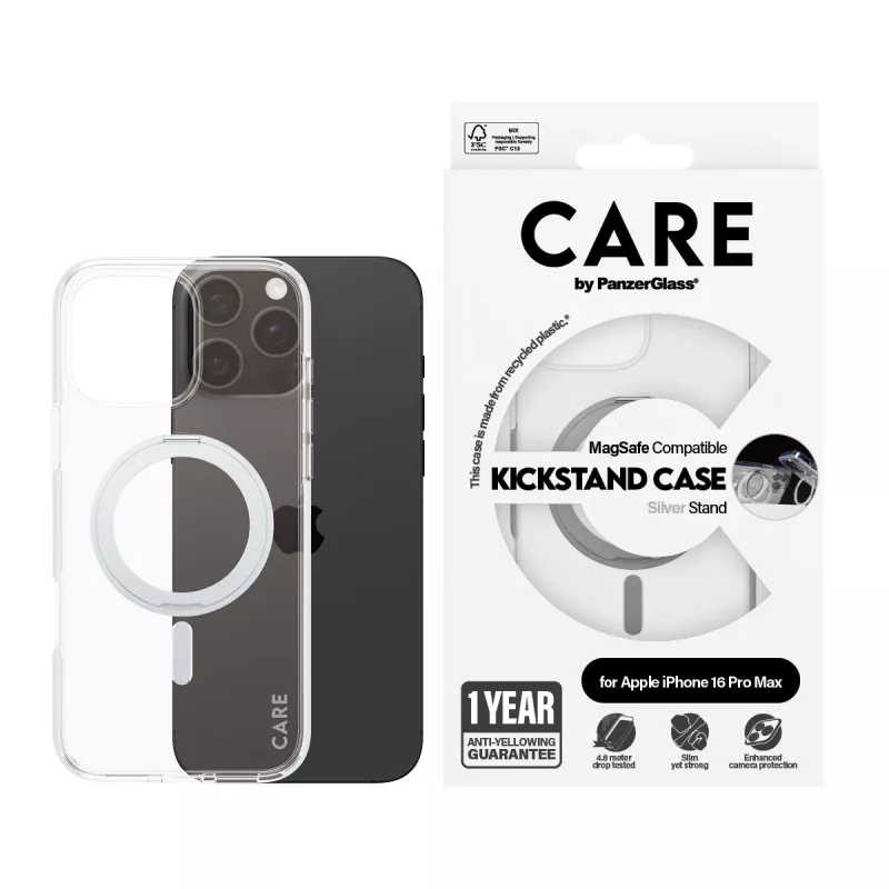 PanzerGlass CARE™ by ® Etui przezroczyste ze srebrną podstawką i MagSafe do iPhone 16 Pro Max