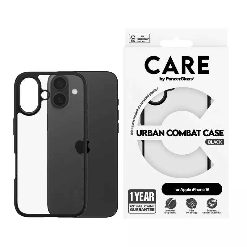 PanzerGlass CARE™ by ® Urban Combat Case przezroczysty z czarną ramką iPhone 16