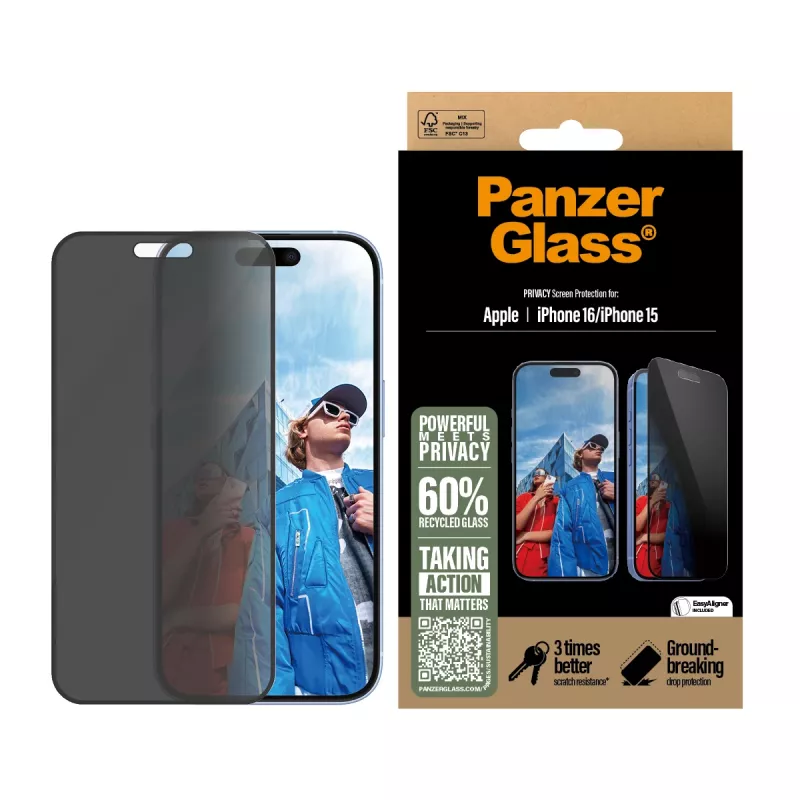 PanzerGlass® Privacy Screen Protector iPhone 16 | 15 | Ultra-Wide Fit z EasyAligner