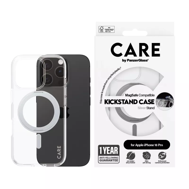 PanzerGlass CARE™ by ® Etui przezroczyste ze srebrną podstawką i MagSafe iPhone 16 Pro