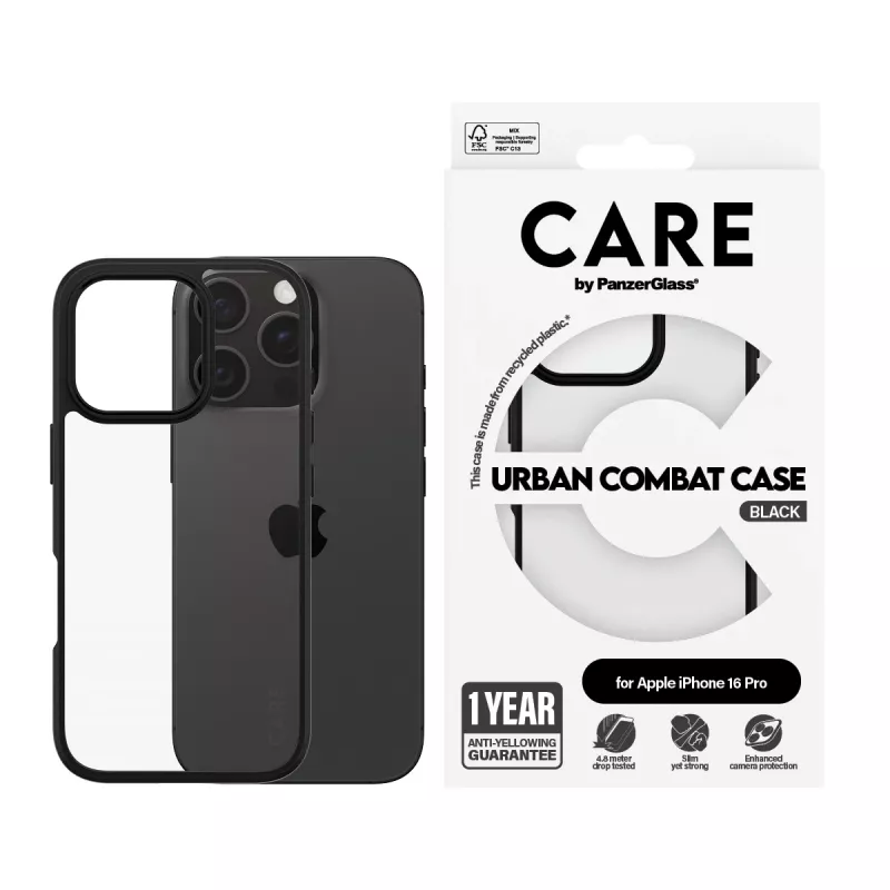 PanzerGlass CARE™ by ® Urban Combat Case przezroczysty z czarną ramką do iPhone 16 Pro
