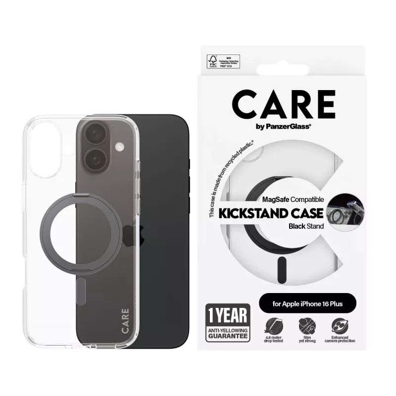 PanzerGlass CARE™ by ® Etui przezroczyste z czarną podstawką i MagSafe iPhone 16 Plus