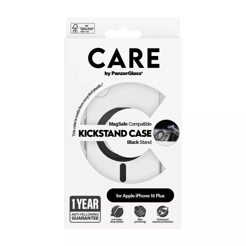 PanzerGlass CARE™ by ® Etui przezroczyste z czarną podstawką i MagSafe iPhone 16 Plus