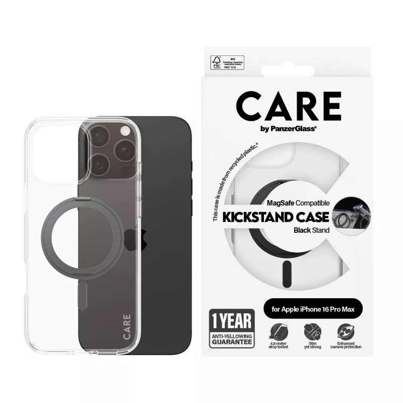 PanzerGlass CARE™ by ® Etui przezroczyste z czarną podstawką i MagSafe iPhone 16 Pro Max