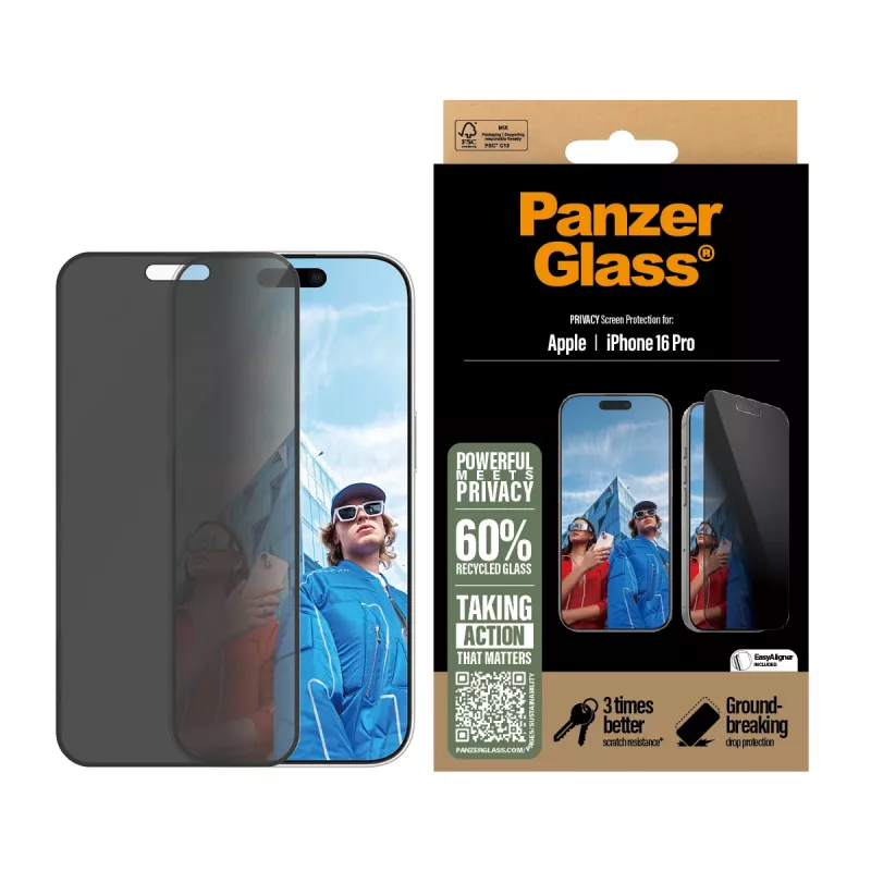 PanzerGlass ® Privacy Screen Protector iPhone 16 Pro | Ultra-Wide Fit z EasyAligner