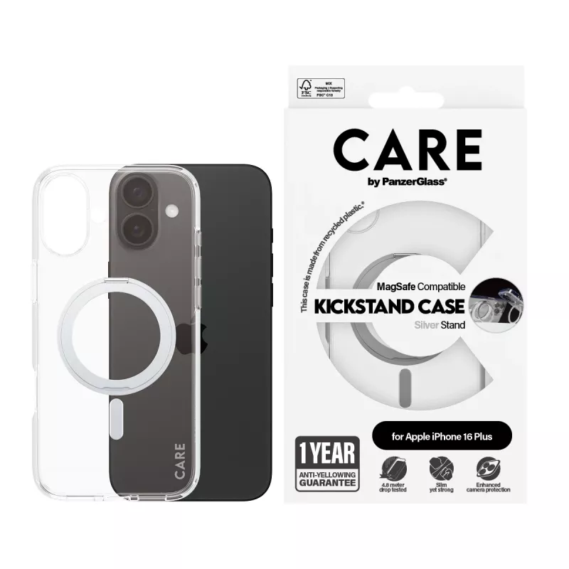 PanzerGlass CARE™ by ® przezroczyste etui ze srebrną podstawką i MagSafe iPhone 16 Plus