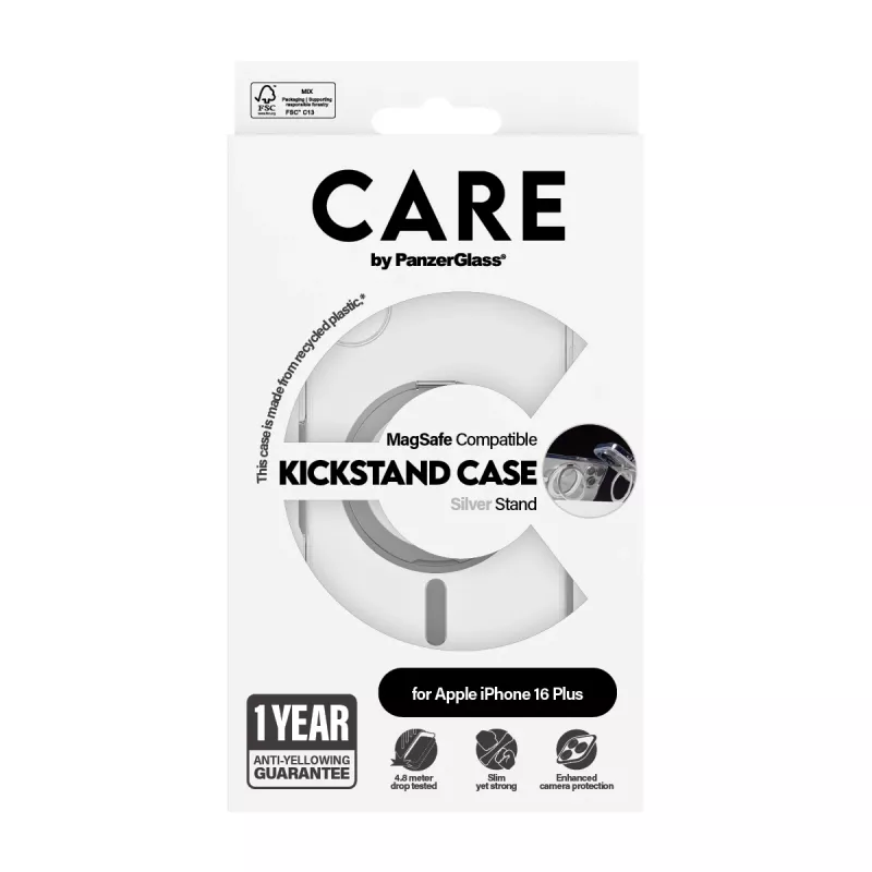 PanzerGlass CARE™ by ® przezroczyste etui ze srebrną podstawką i MagSafe iPhone 16 Plus