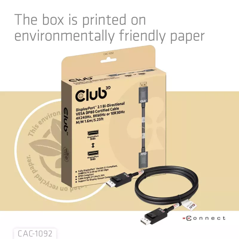 CLUB3D DisplayPort™ 2.1 Bi-Directional VESA DP80 Certified kabel 4K240Hz, 8K60Hz or 10K60Hz M/M 1.6m/5.25ft