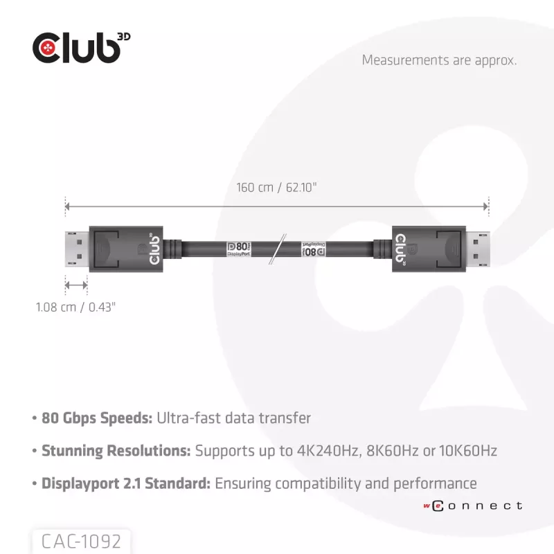 CLUB3D DisplayPort™ 2.1 Bi-Directional VESA DP80 Certified kabel 4K240Hz, 8K60Hz or 10K60Hz M/M 1.6m/5.25ft