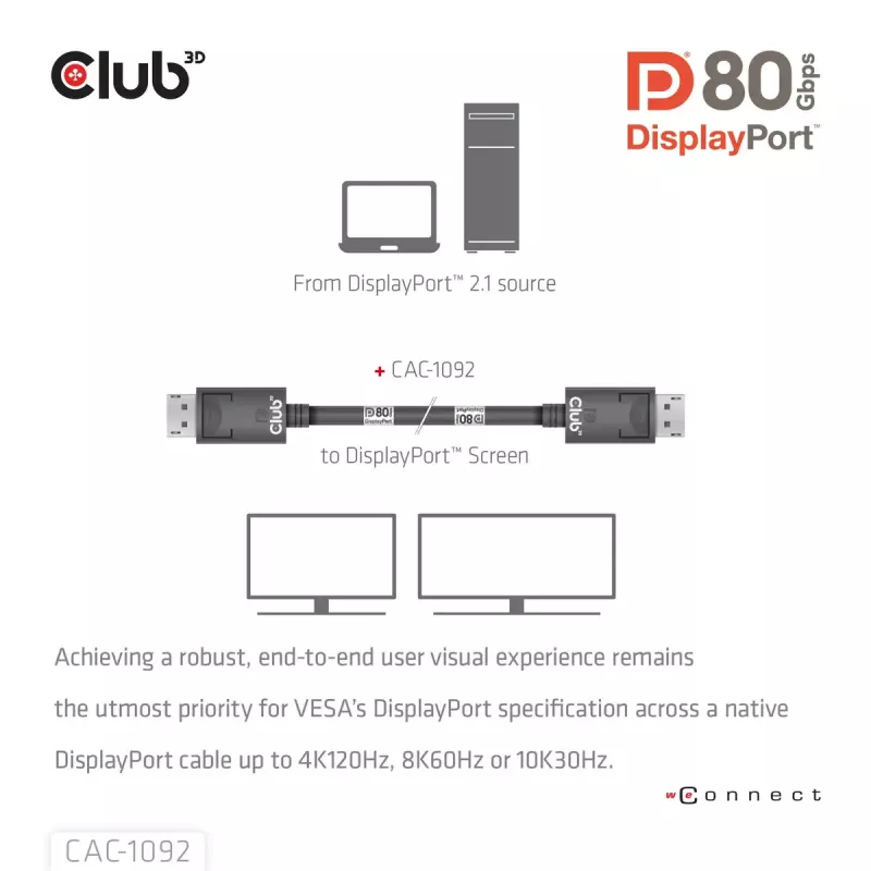 CLUB3D DisplayPort™ 2.1 Bi-Directional VESA DP80 Certified kabel 4K240Hz, 8K60Hz or 10K60Hz M/M 1.6m/5.25ft
