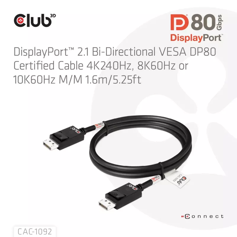 CLUB3D DisplayPort™ 2.1 Bi-Directional VESA DP80 Certified kabel 4K240Hz, 8K60Hz or 10K60Hz M/M 1.6m/5.25ft
